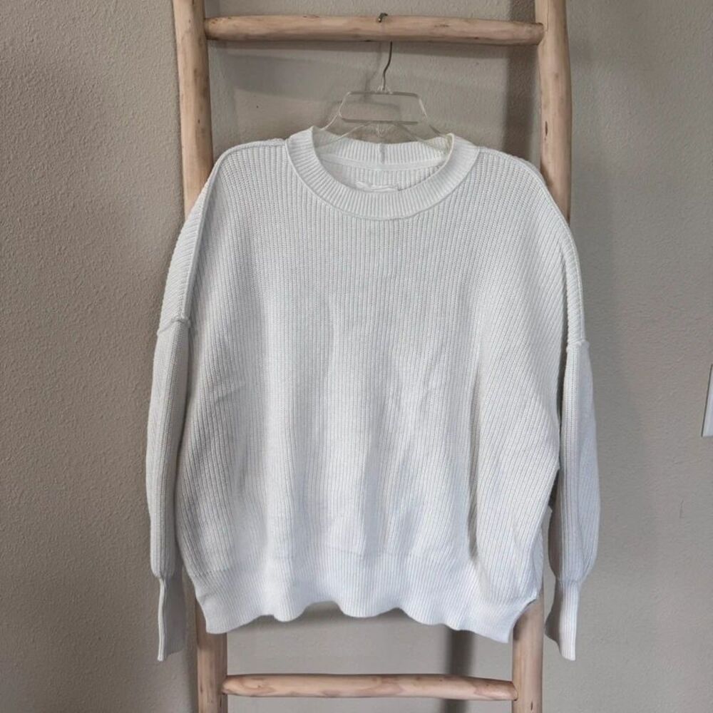 Aerie Beyond Cropped Knit Sweater White Ribbed Long Sleeve Size Medium